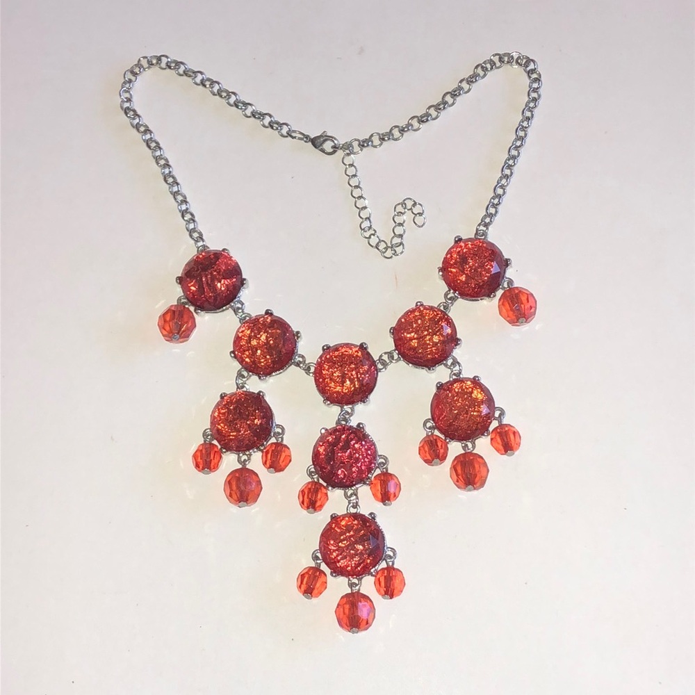 Red Silver Tone Boho Statement Bib Necklace
